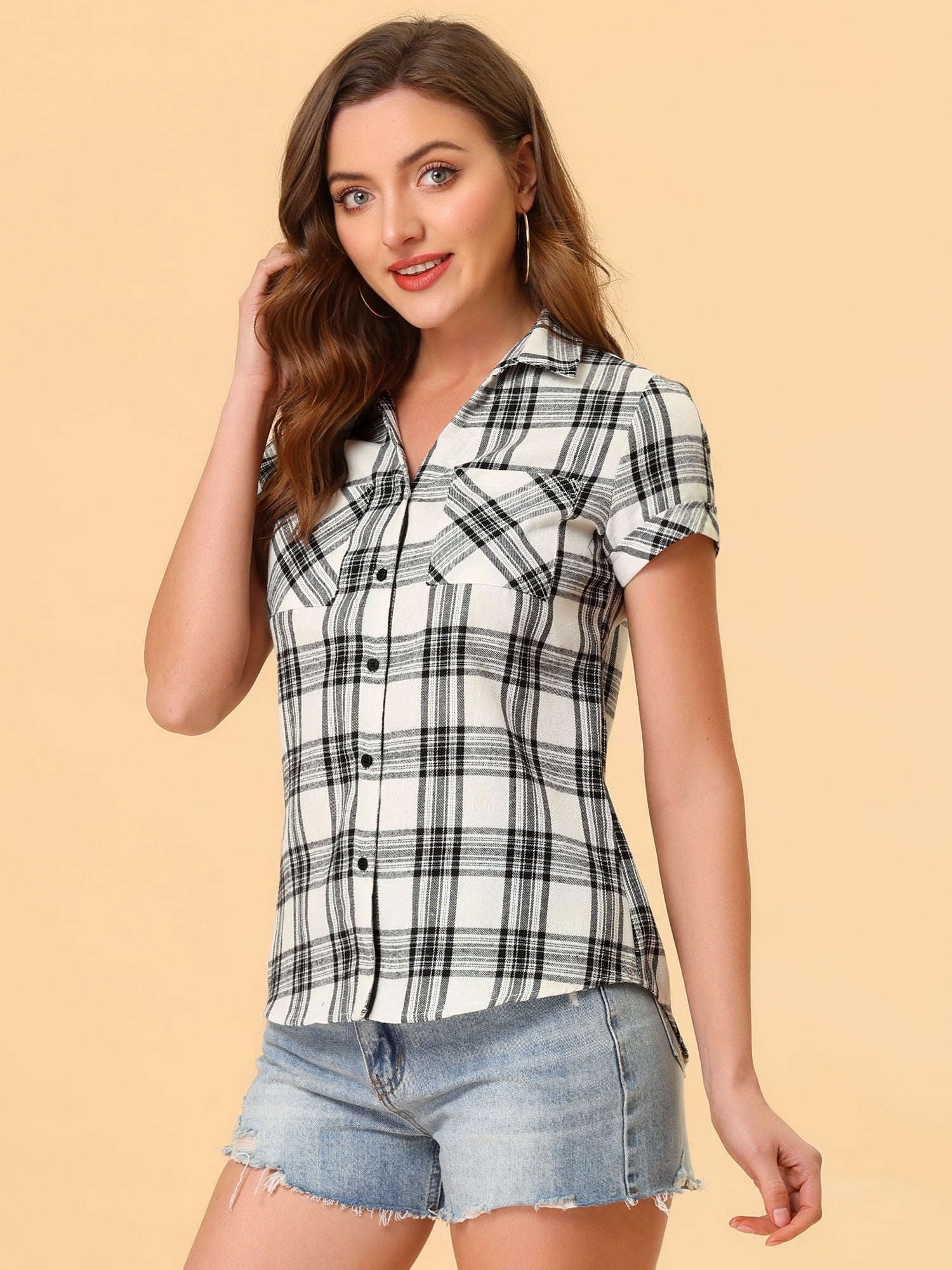 DARING DIVA Women's Casual Boyfriend Plaid Button Down Flannel Shirt L Beige
