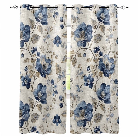 Blue Gray Spring Floral Blackout Curtains for Bedroom/Living Room, Thermal Insulated Kitchen Curtains, Vintage Botanical Grommet Darkening Window Treatment Drapes 42"x84"x2