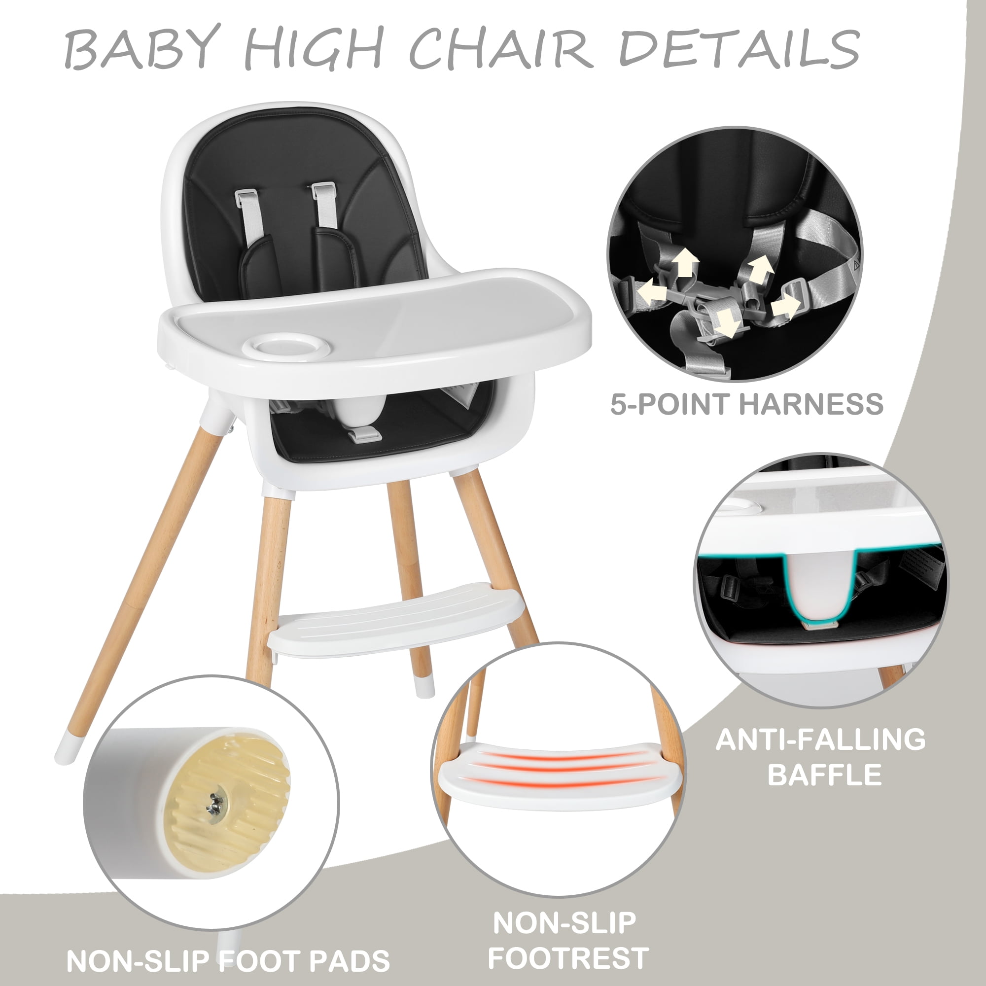 AILEEKISS 3 in 1 Wooden Baby High Chair Infant Feeding Chair with Double Removable Tray, Black