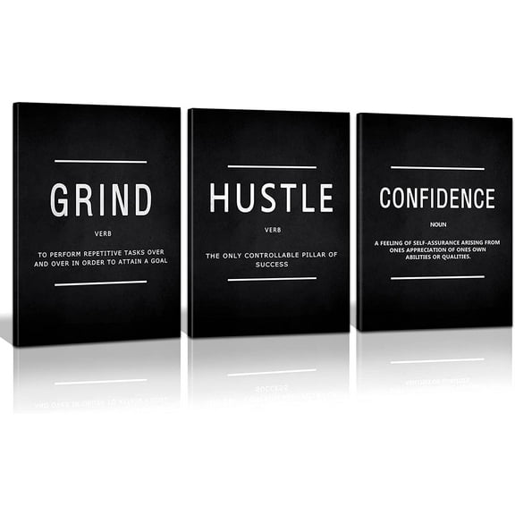 Motivational Success Canvas Wall Art, Grind Hustle Confidence Wall Decor Framed Inspirational Entrepreneurs Painting Prints Quotes Poster for Office Workplace Easy to Hang- 12" Wx16 Hx3PCS