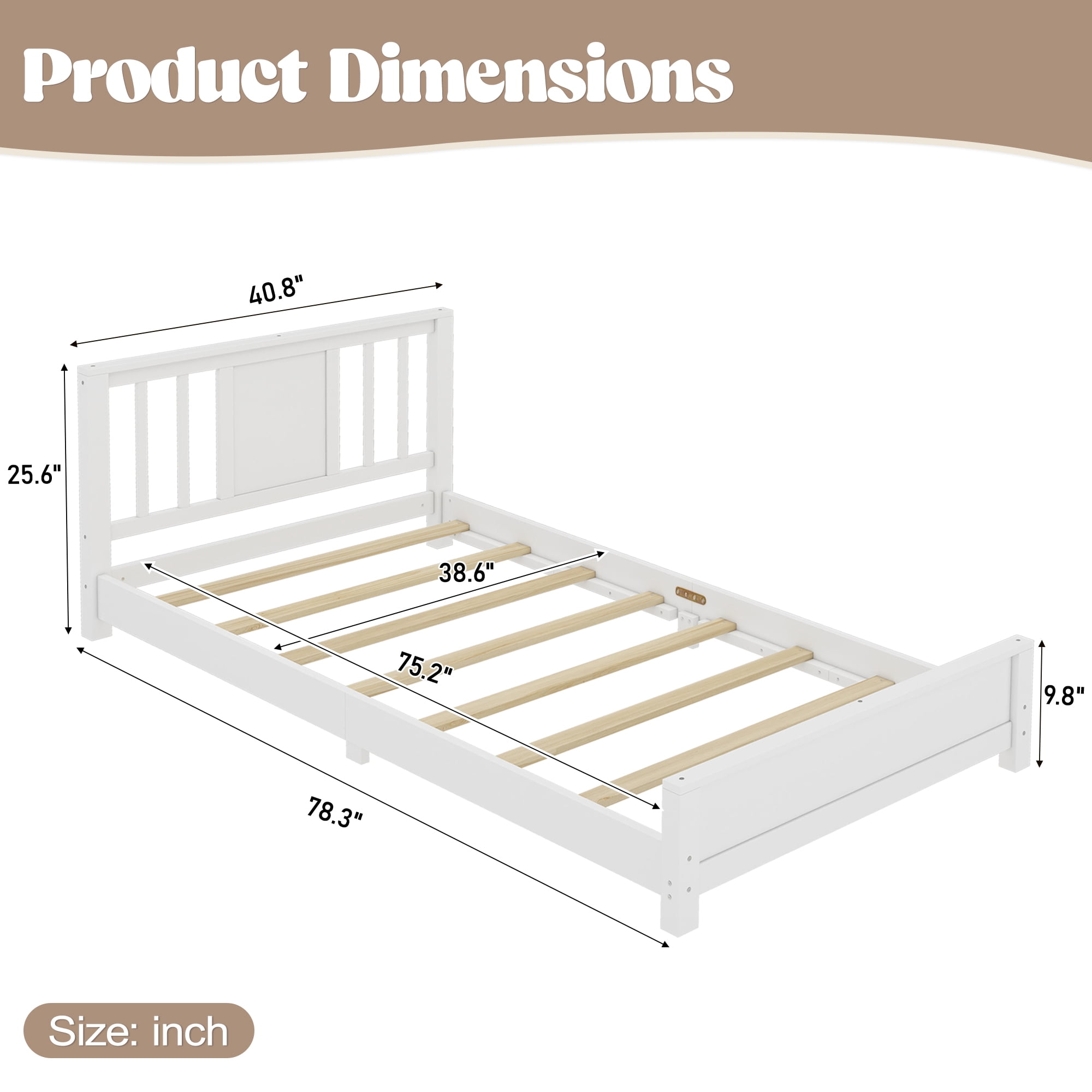Miniyam Twin Bed Frame, Low Profile White Wood Platform Bed with Headboard, Footboard and Slat Support, White
