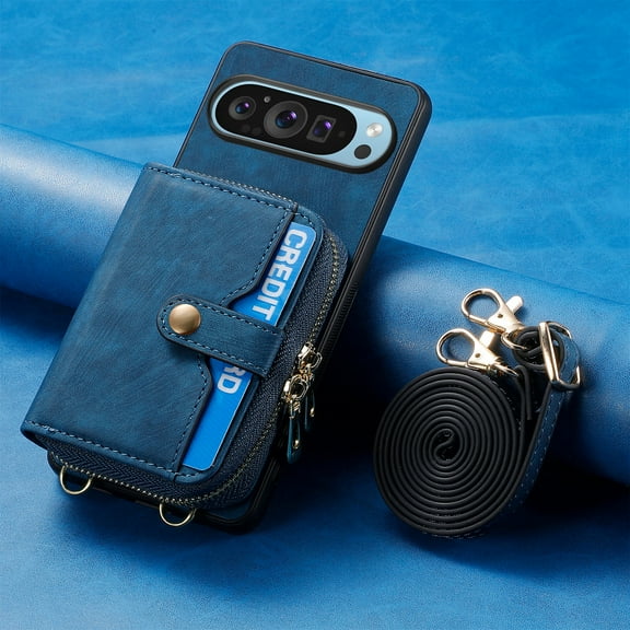 Dteck Zipper Wallet Crossbody Strap Case for Google Pixel 9 / 9 Pro,Magnetic Leather Card Pocket Case Shockproof Kickstand Cover with Adjustable Shoulder Strap for Google Pixel 9 / 9 Pro,Blue