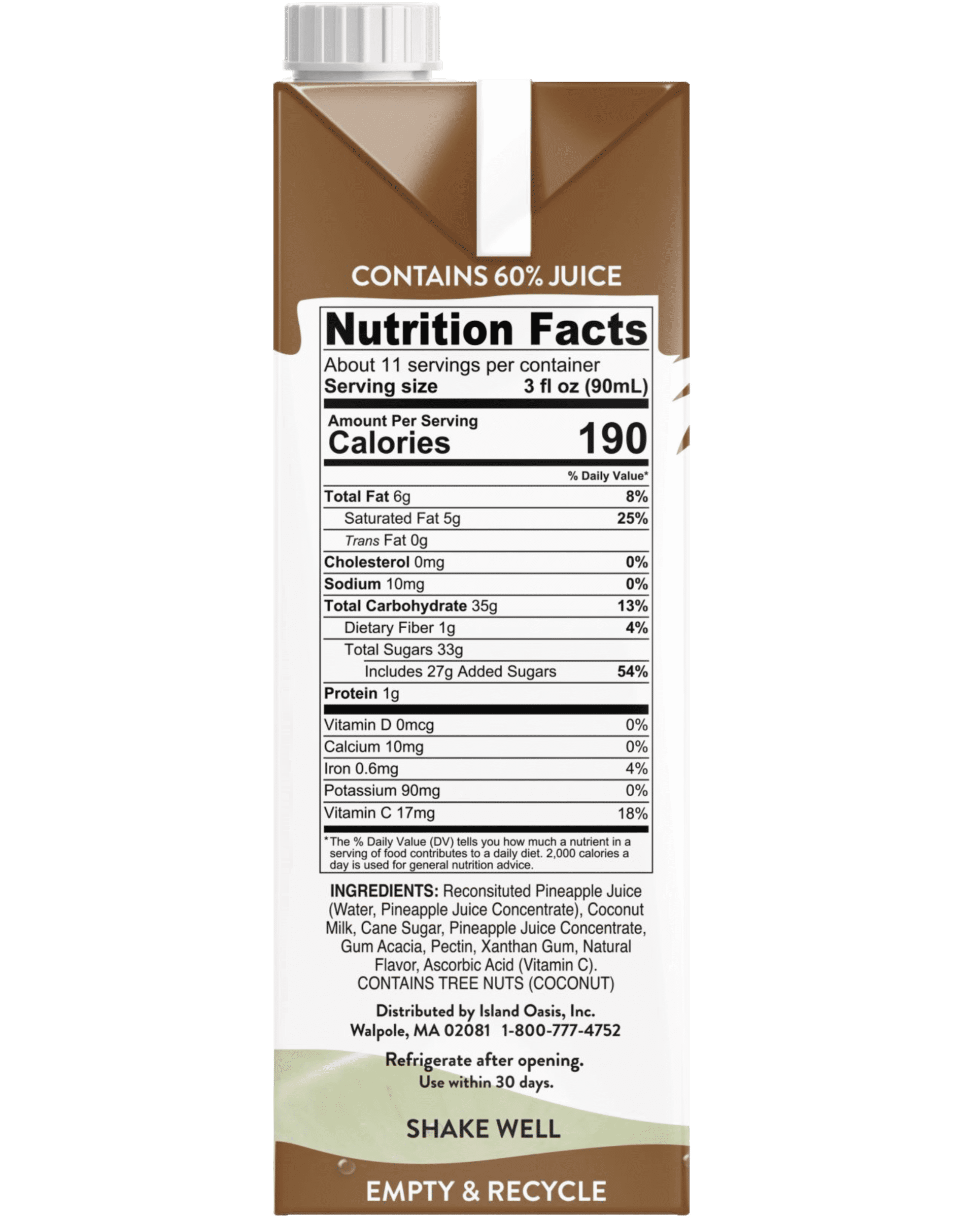 Island Oasis Pina Colada Fruit Puree Beverage Mix, 1 Liter Carton (pack of 2) with By The Cup Coasters