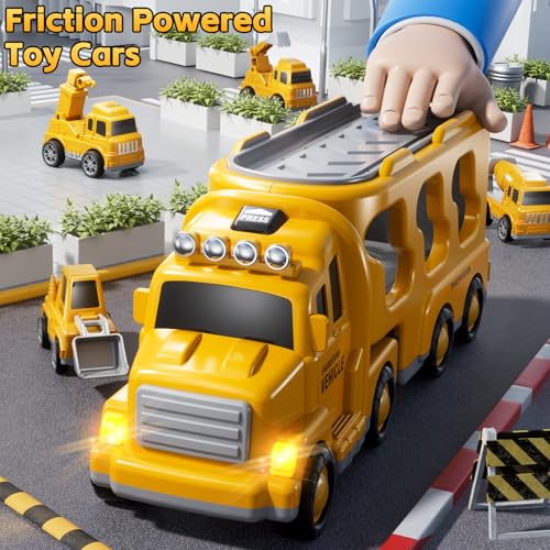 Construction Trucks Toys for 2 3 4 5 Years Old Boys - 5-in-1 Carrier Transport Vehicle Truck for Toddlers 2-4 Years with Crane,Mixer,Pushdozer and Excavator,Car Toys Birthdays Gift
