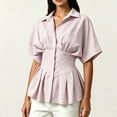 thumbnail image 4 of SSZMDLB Women Collared Short Sleeve Button Down Pleated Peplum Top Casual Blouse Solid Basic Shirt Office Outfits Summer Work Tops, Red L, 4 of 6