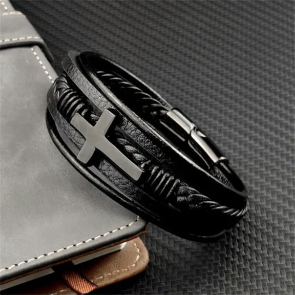 EOEMY Black / Brown Braided Leather Silver Stainless Steel Cuban Chain Men'S Bracelet-Black Cross