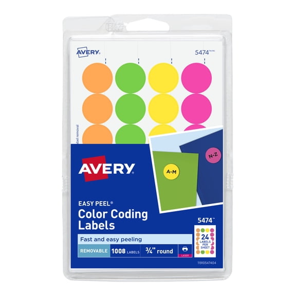 Avery Color Coding Labels, 3/4" Round, Neon Colors, Paper, Removable, Laser, 1008 Labels (5474)