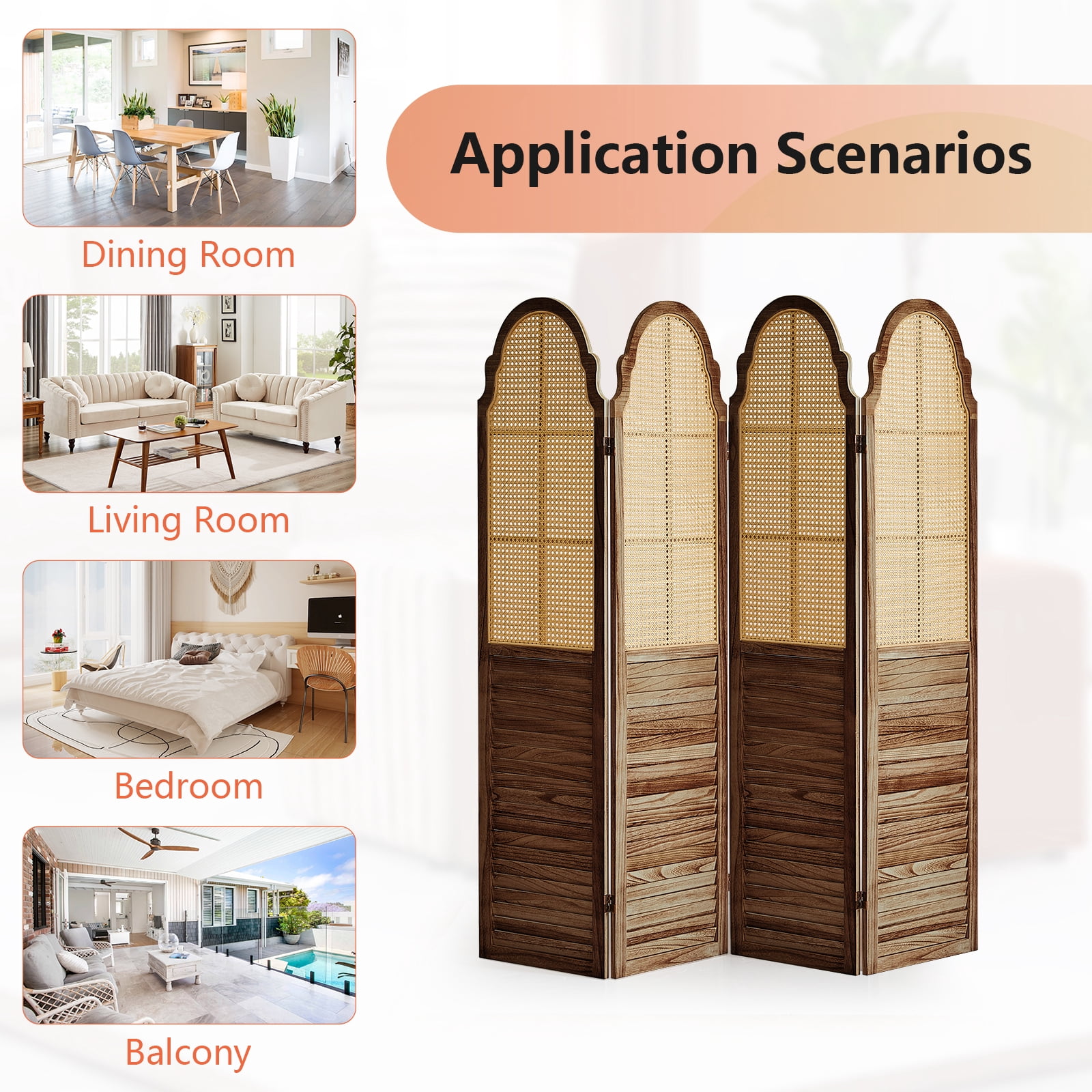 Aletheiawu 4 Panel Rattan Room Divider, Foldable Privacy Screen, No Installation Require, Dark Brown