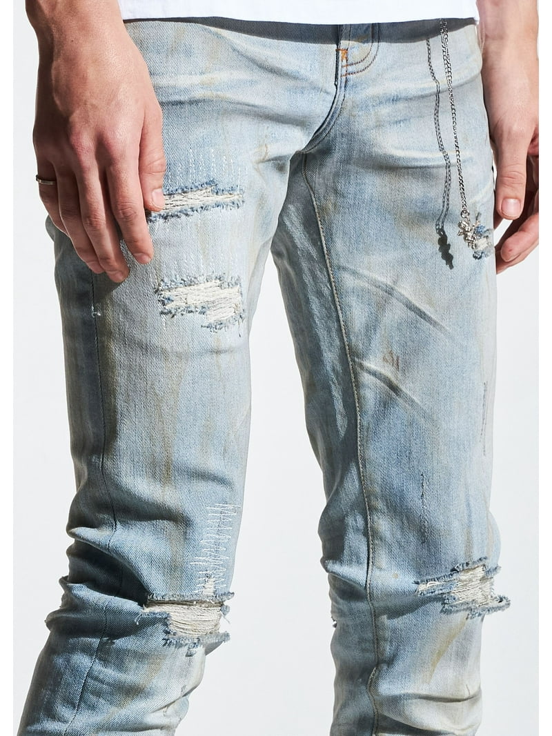 En Noir Men's Clash Dirty Wash Rip Repair Distressed Skinny Fit