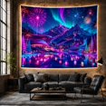 thumbnail image 6 of Neon Mountain Resort under Aurora and Fireworks, Dreamy Fantasy for Travel Lovers, Celebration Landscape Art, New Home Gift, Tapestry Wall Hanging for Living Room and Studio, 6 of 7
