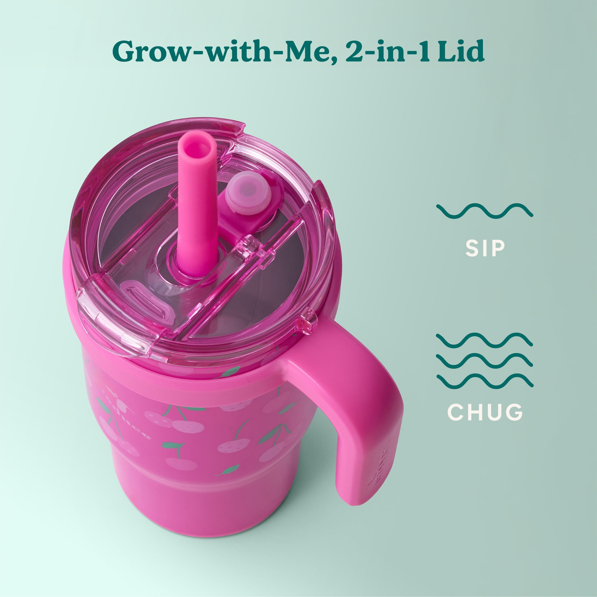 Reduce Coldee Kids Tumbler with Spill-Proof Straw & Handle. Insulated Stainless Steel 18 oz, Cheeky Cherries