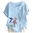thumbnail image 1 of TSADFHJI Woman Tops Plus Size Women's Printed Round Neck Raglan Sleeve Hem Slit Loose Short Sleeve Button Decoration Shirt L Sky Blue, 1 of 2