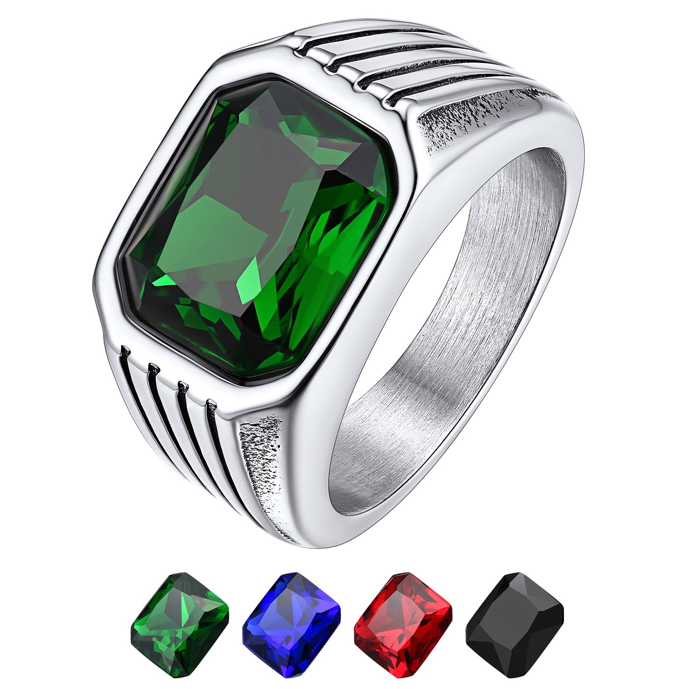 Bestyle Created Emerald Signet Rings for Men Stainless Steel Thumb Pinky Rings Father's Day Birthday Gifts for Dad Son Husband Size 7-14