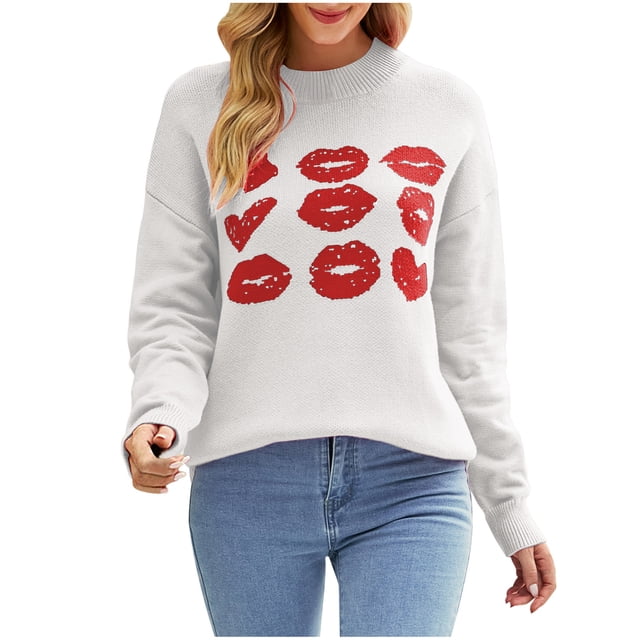 CEHVOM Mode Femme Décontractée Couleur Unie Tricoté Impression Saint-Valentin Chandail Manches Longues Col Rond Liquidation
