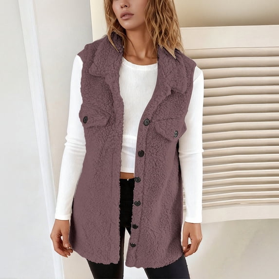 DHFJKG Womens Fuzzy Longline Vest Coat Mediun Length Sleeveless Turndown Collar Button Down Loose Fit Jacket Casual Commute Fall Winter Classic Outerwear