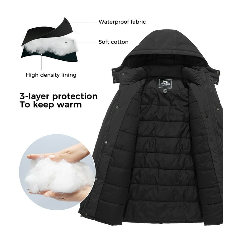 Ampake Men s Winter Cotton Padded Jacket Water Resistant Parke Coat Black L