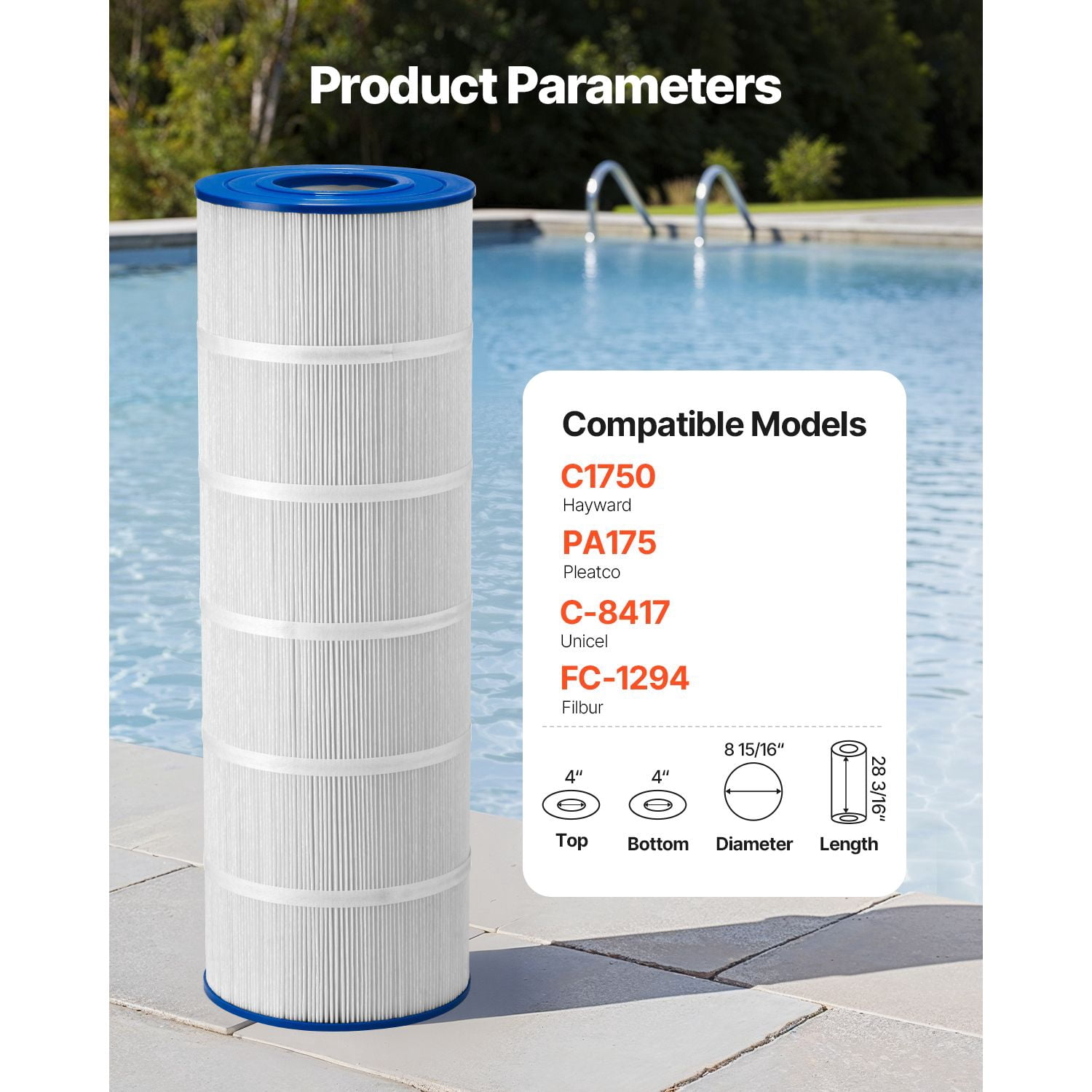 Pool Filter Cartridge, 175 Sq. Ft Spa Hot Tub Filter Cartridge Replacement, Compatible with Pleatco PA175, Hayward C1750, Secure for Kids & Pet, Trilobal Pleated, Easy to Clean