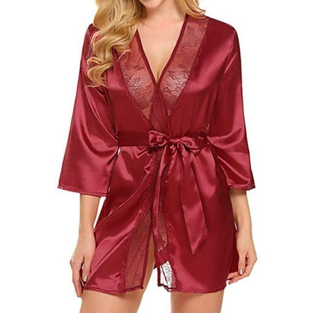 KVMeteor Women Satin Robe 3/4 Sleeve Lace Kimono Nightgown Lingerie