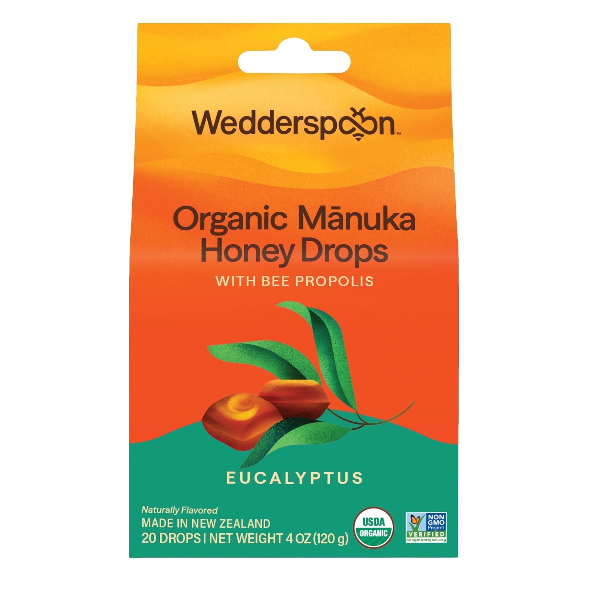 Wedderspoon Organic Manuka Honey Drops for Dry Throats with Bee Propolis, Eucalyptus, 20 Count Box