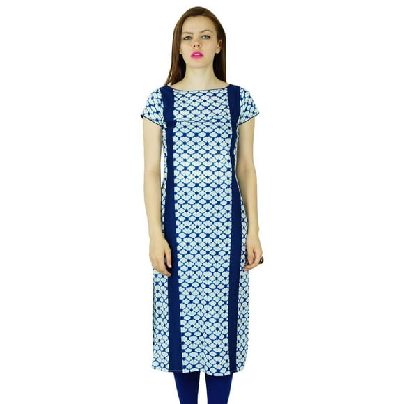 Bimba Women Blue Cotton Kurta Scoop Neck Kurti Indian Long Tunic