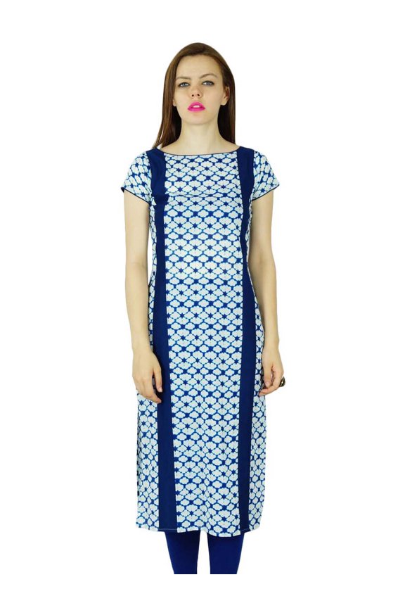 Women Blue Cotton Kurta Scoop Neck Kurti Indian Long Tunic