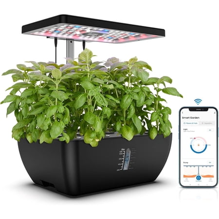 Hydroponics Growing System Kit 12Pods WiFi, Christmas Gifts for Women Mom, Indoor Garden with Grow Light for , Built-in Fan, AutoTimer, 6.5L Large Tank Germination Kit, Black