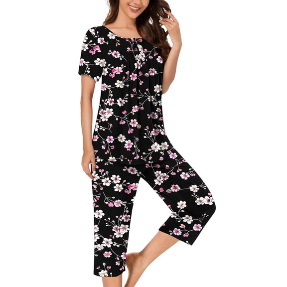 UPPADA 2 Piece Pajama Sets for Women Halloween Theme Pjs Short Sleeve Top and Long Pants Sleepwear 2pcs Loungwear Pjs Set Fall Winter Sleepwear Black,XXXL