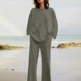thumbnail image 3 of 2 Piece Plus Size Outfits for Women Fall Loose Cotton Linen Loungewear Set Long Sleeve Crew Neck Tops Wide Leg Pants Suit, Gray, L, 3 of 7