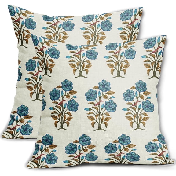 Blue Brown Floral Throw Pillow Covers 20x20 Blue Chinoiserie Flowers Leaves Birds Monsoon Decorative Pillows Outdoor Linen Farmhouse Cushion Case Pillowcase for Sofa Bed Room Decor Set of 2