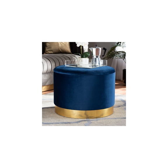Navy Blue Velvet Ottoman with Gold Legs - Upholstered Storage Bench