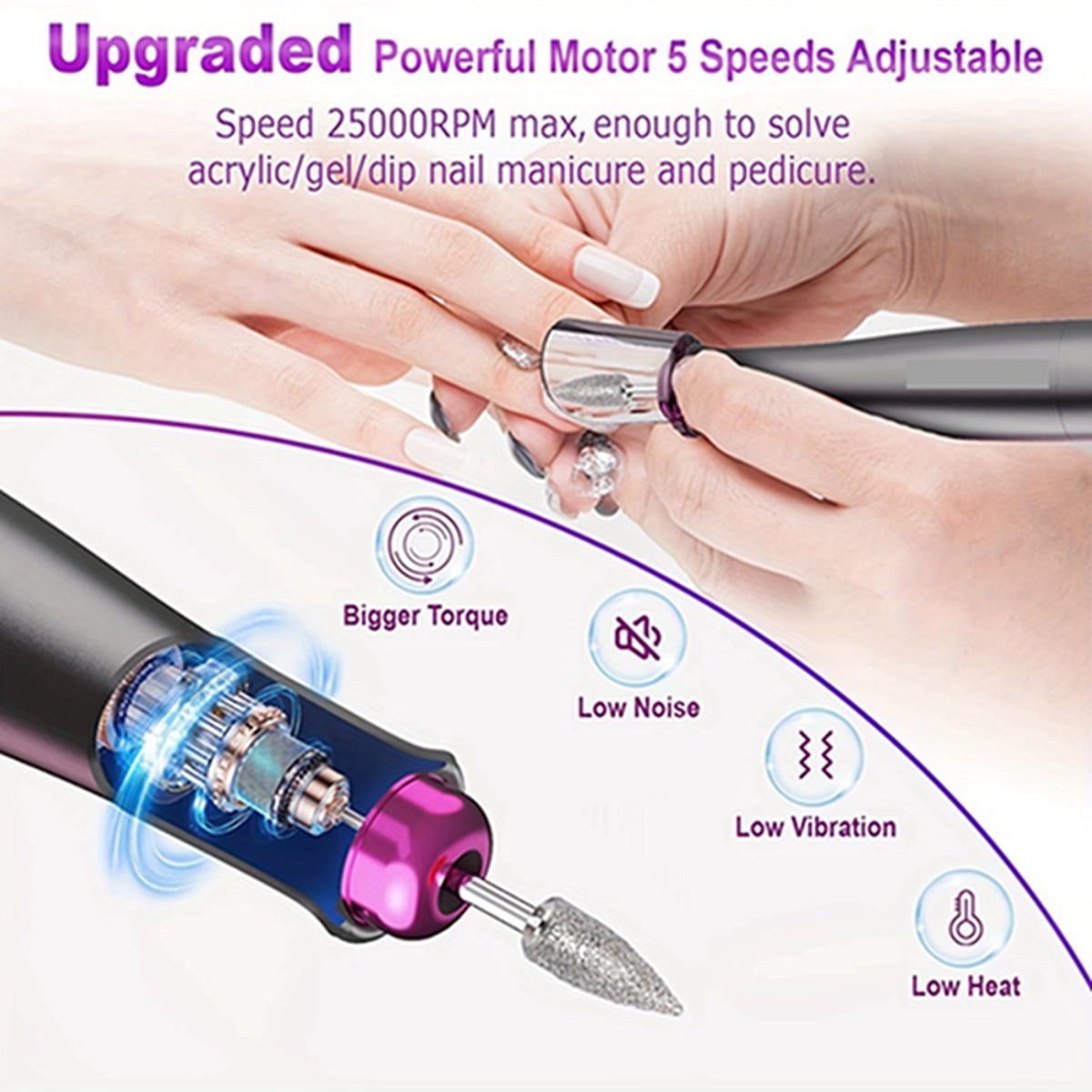 Cordless Electric Nail Drill Machine, 35000RPM Professional Nail File for Acrylic Gel Nails, 13 in 1 Manicure Pedicure Kit with LCD Display, 5 Speeds(Gray)