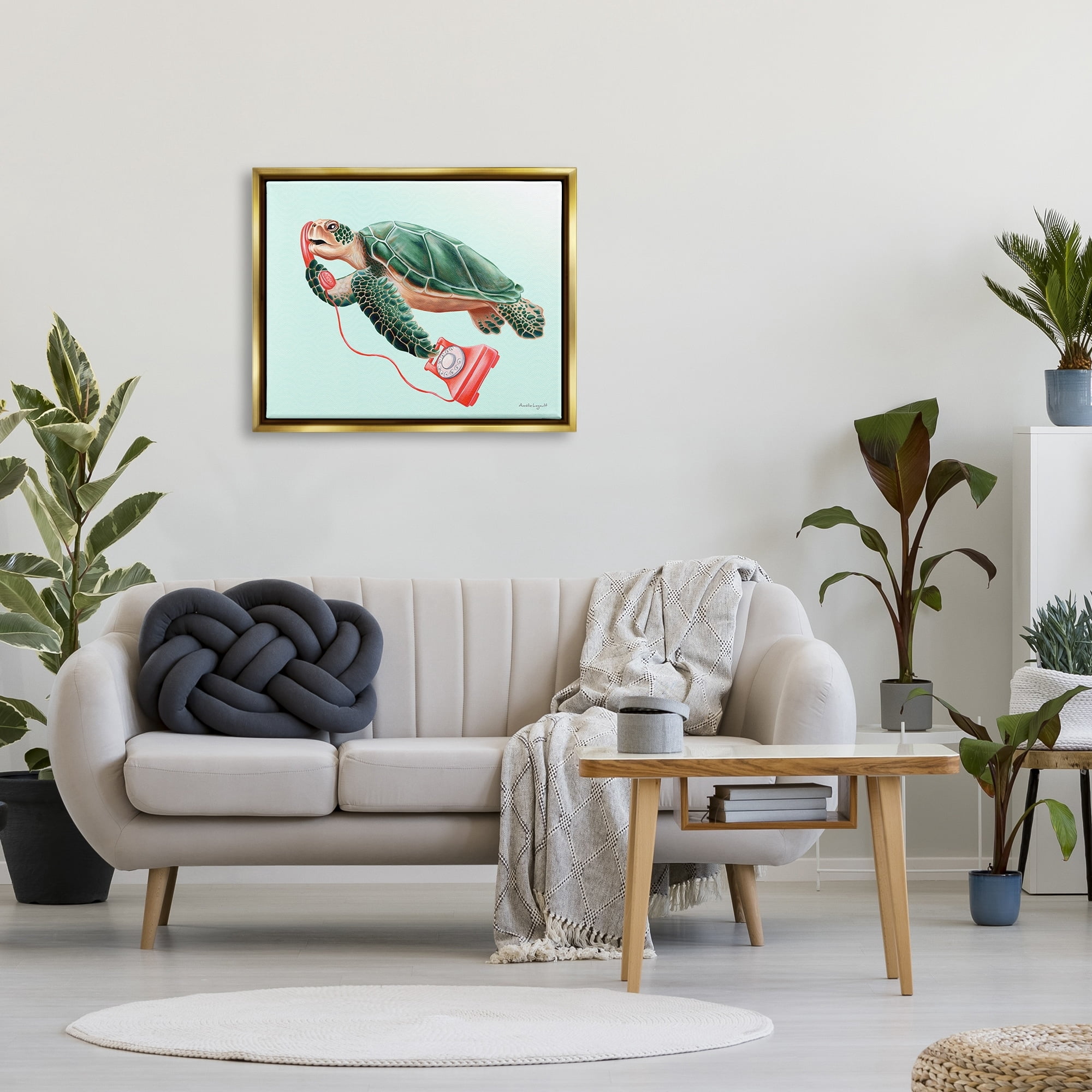 Stupell Industries Green Sea Turtle Swimming Red Rotary Telephone Graphic Art Metallic Gold Floating Framed Canvas Print Wall Art, Design by Amelie Legault