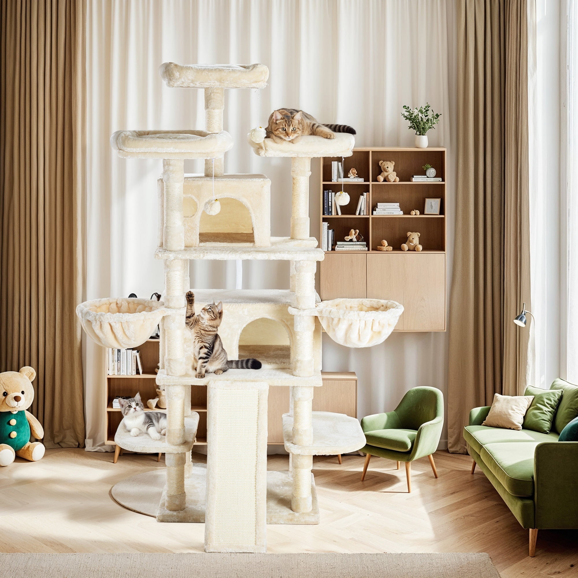 Allewie 68" Multi-Level Large Cat Tree and Tower with Cat Condo House, Scratching Posts & Board, Beige