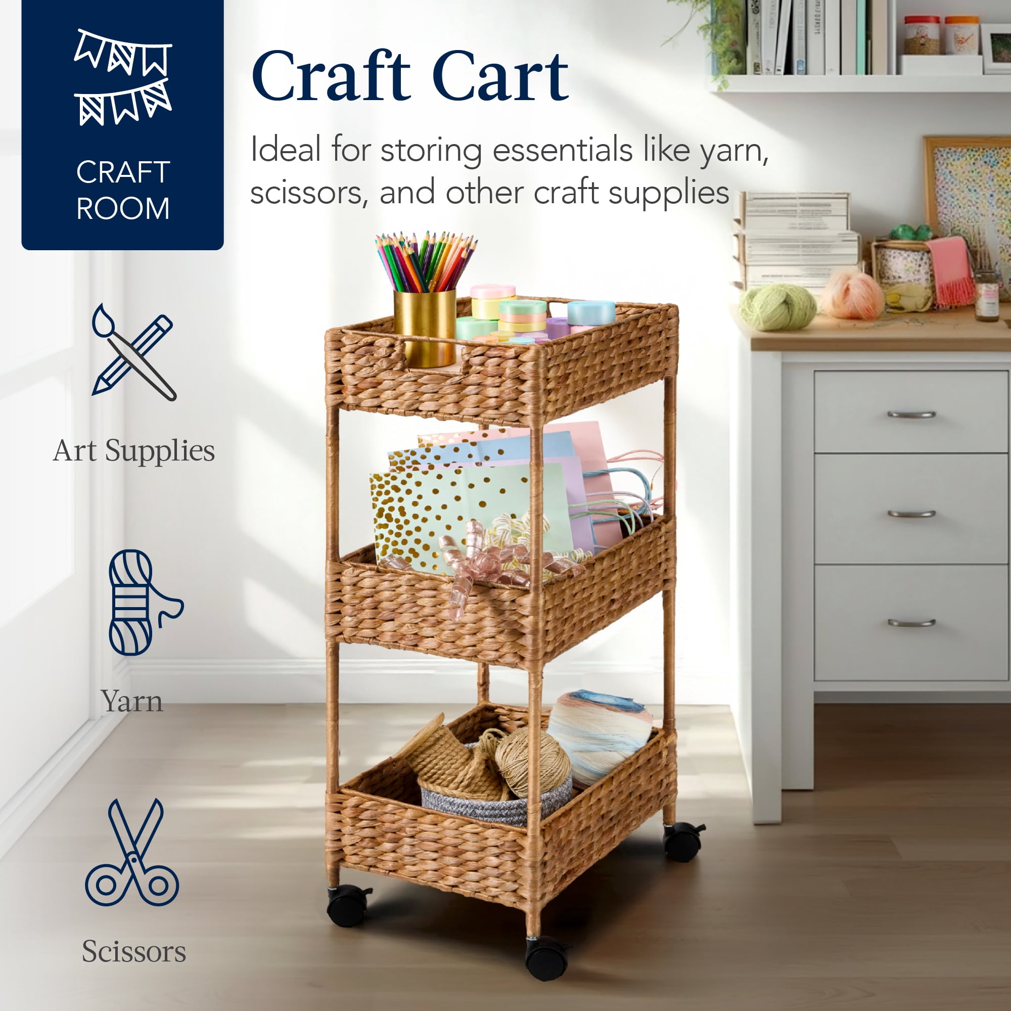Best Choice Products 3-Tier Water Hyacinth Rolling Nursery Caddy w/ Wheels, Utility Cart, Storage Organization - Chestnut