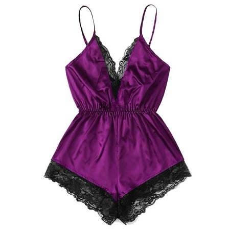 Tao Tao Women Plus Size Lace Babydoll Underwear Side Slit Strappy Chemise Sleepwear Purple 2XL