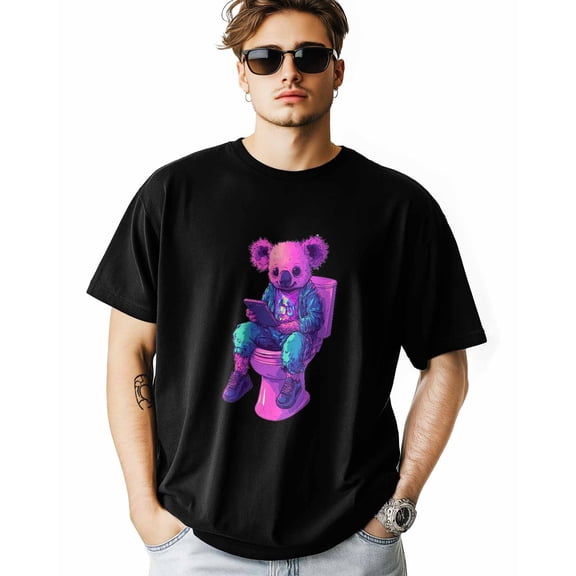 Men's T-Shirt Koala Playing Phone Toilet Funny Short Sleeve Casual Tee Classic Crew Neck T-Shirt for Men, S