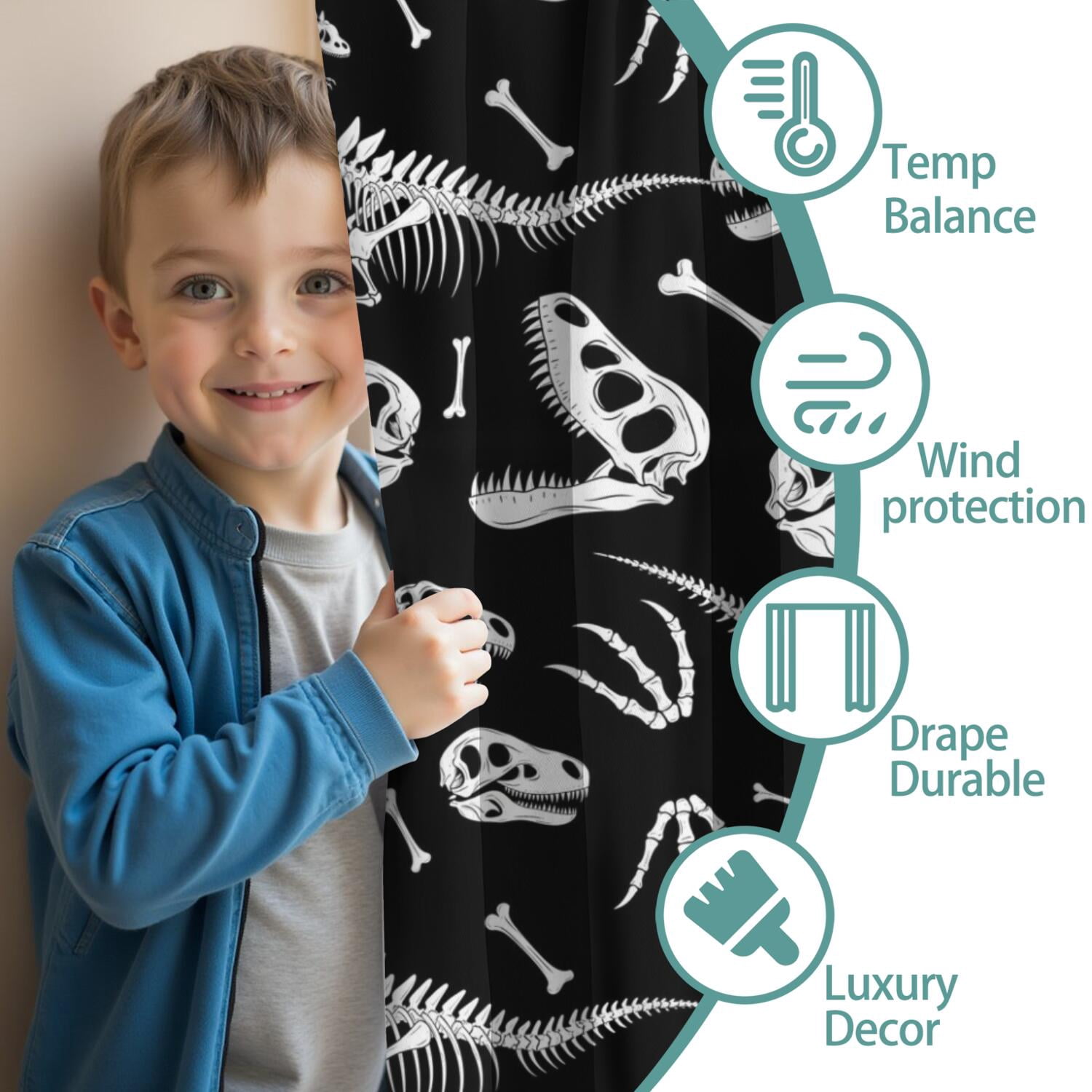 Blackout Kids Curtains,Black Cartoon Dinosaurs Skulls Skeletons Pattern Childrens Insulated Curtains Set Of 2,Bedroom Essentials,Toddler Room Decor 42"x63"