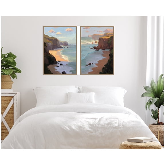 Kate and Laurel Partly Cloudy with Sunshine & Afternoon Shadow 2 Piece Framed Canvas Wall Art Set by Mary Sparrow, Sylvie Dark Gold Modern Contemporary, Beach Art for Wall Decor
