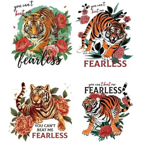 4 Sheets Tiger Iron on Decals Patches Fearless Words Iron on Stickers Peony Animal Heat Transfer Stickers PET Washable Appliques for DIY T Shirt Jacket Decor 8.6 inch(22cm) Long Mixed Color