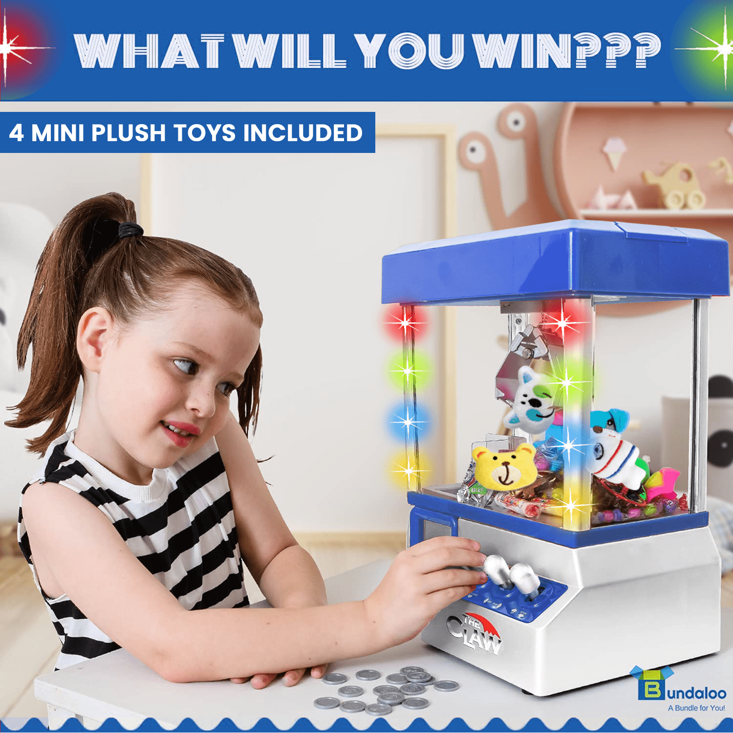 Bundaloo Compact Claw Machine, Electronic Mini Arcade Game for Kids, Coin Operated