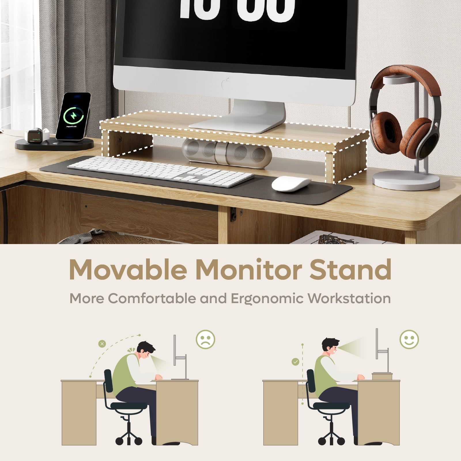 Bestier 55" L-shaped Computer PC Desk Lift Top with Power Outlets Storage Drawers and Monitor Stand, Log