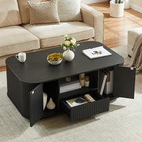GZXS Modern Oval Coffee Table with Wavy Contour, 2 Drawers & Cabinets, Rustic Wood Grain Top, Living Room Center Table with Storage, 46.5"L x 27.2"W x 17.7"H, Black