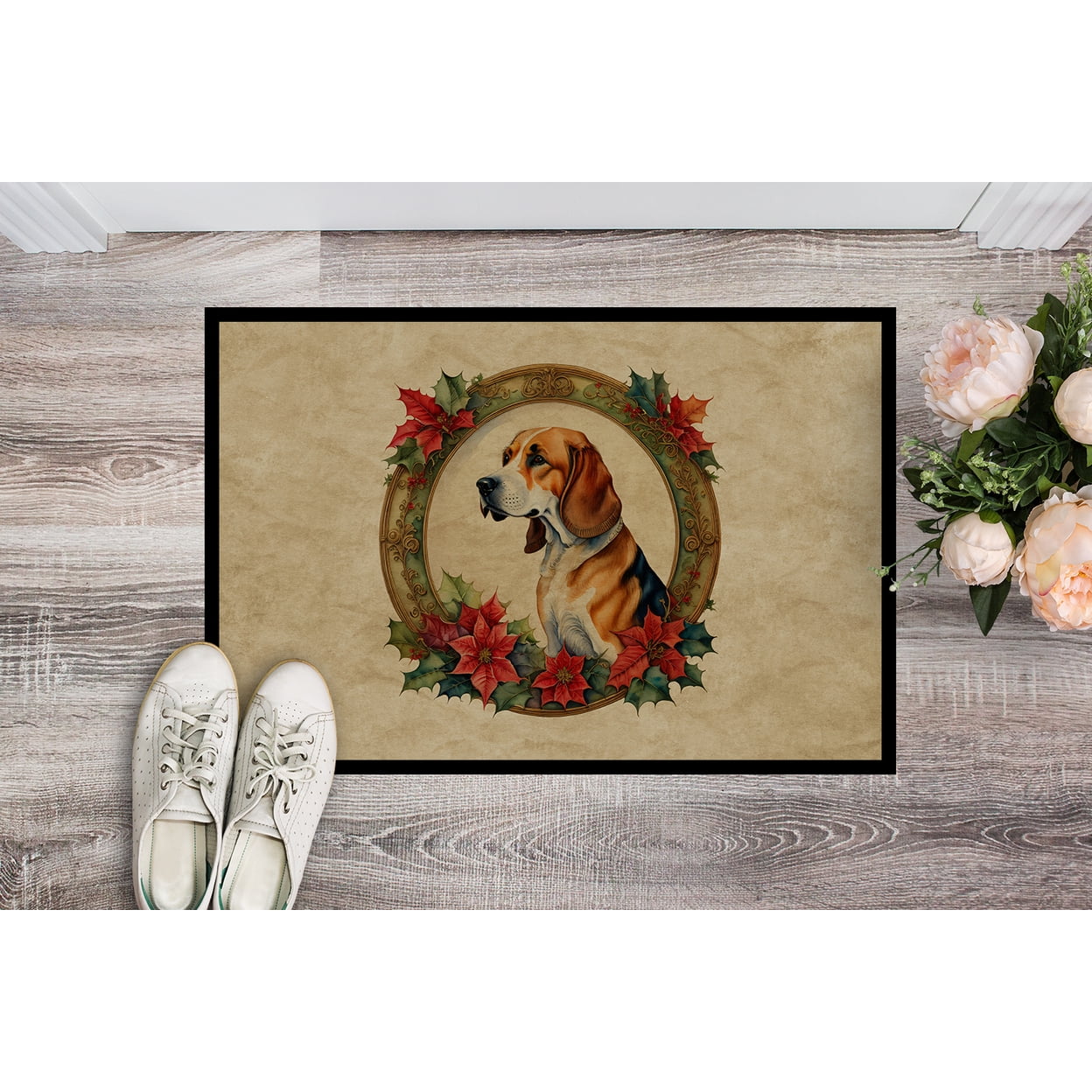 Carolines Treasures DAC2303MAT 18 x 27 in.  American Foxhound Christmas Flowers Doormat