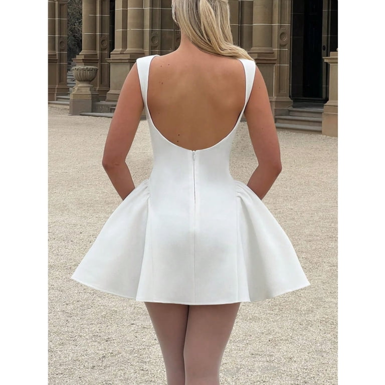 navy blue dress for baby girl Satin Fit and Flare Backless Dress - Cream