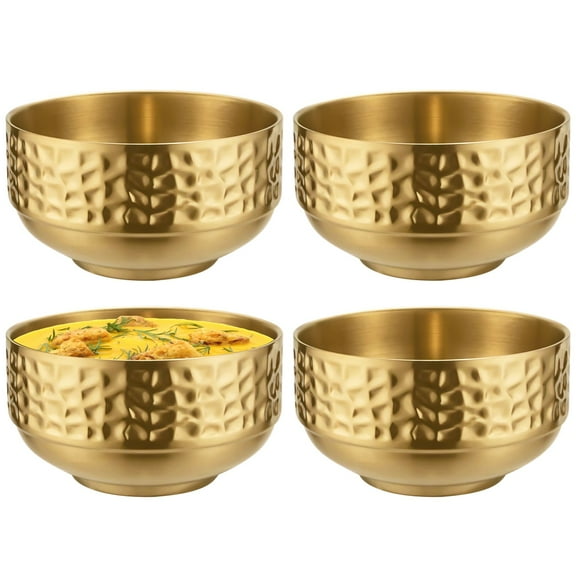 Stainless Steel Bowls Set, 4 Pcs Classic Gold Serving Bowls for Homes and Restaurants, Hammered Texture Double Wall Insulated Bowls