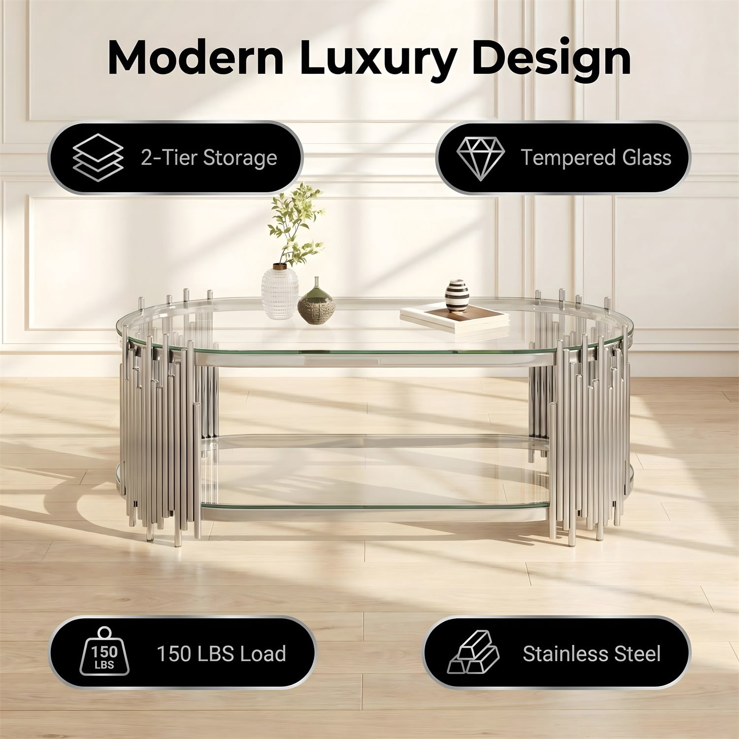 Hommoo Modern Oval Coffee Table with 2-Tier Tempered Glass Shelves, Polished Stainless Steel Frame, Organ Pipe Design, Living Room Center Table, Sliver