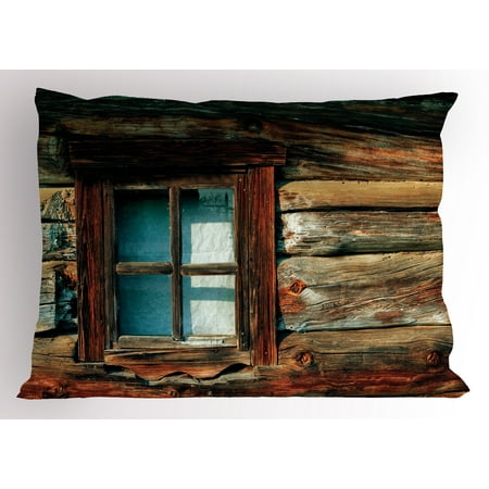 Curtain Sham Scenery Pillow Sham Single Window with White Curtain on a Wooden Background Lumberjack House Photo, Decorative Standard King Size Printed Pillowcase, 36 X 20 Inches, Brown and Blue, by Ambesonne ()