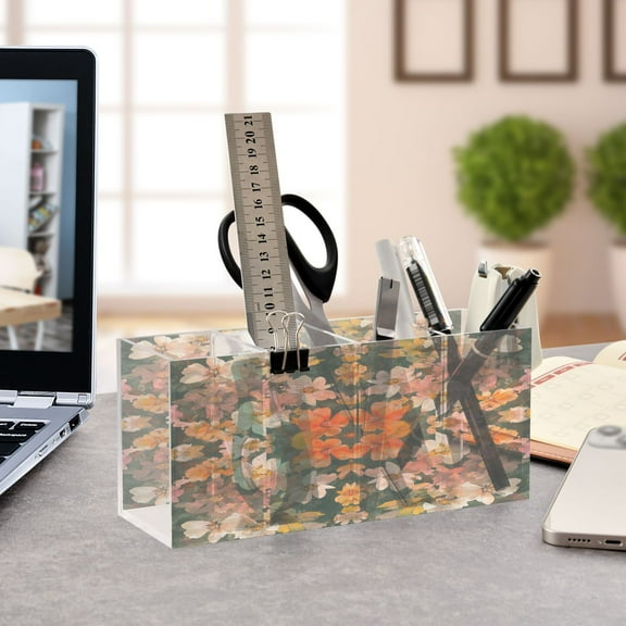 WOBOGO Colorful Flower Bushes Acrylic Pen Holder 4 Compartments Clear Pencil Organizer Makeup Brush Storage Case