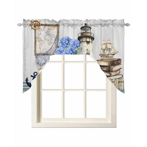 Vintage Lighthouse Coastal Kitchen Curtains Swag Valance for Windows/Bathroom/Cafe, Nautical Ocean Sea Retro Art Rod Pocket Drape Panel Swag Curtain Valance for Bedroom/Living Room 55''x36''