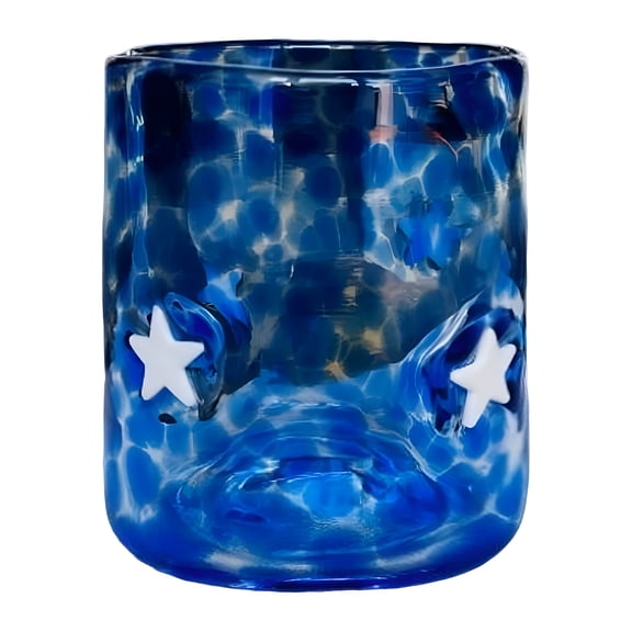 BPPEG Glass Cups - 14 Oz Cute Icon Juice Glass Double Old Fashioned Hand Blown Drinking Cups for Holiday Party Home Decor Lovely Gifts Blue Glasses Drinking (Dark Blue-Star)